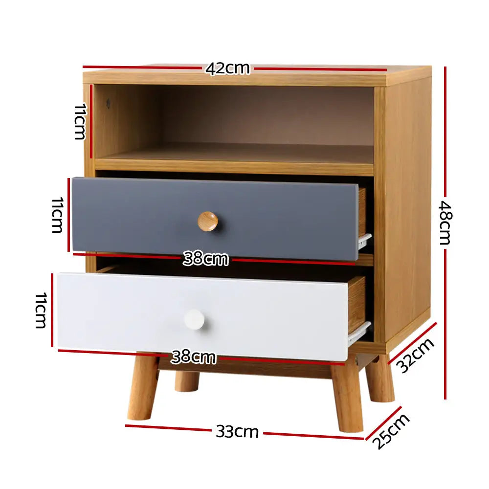 Artiss Bedside Table 2 Drawers with Shelf - BERTHA Oak - Furniture > Bedroom > Bedside Tables