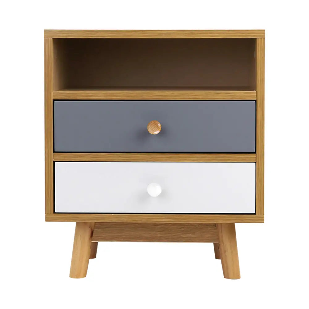 Artiss Bedside Table 2 Drawers with Shelf - BERTHA Oak - Furniture > Bedroom > Bedside Tables