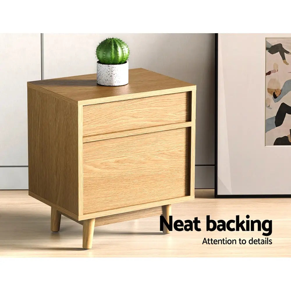 Artiss Bedside Table 2 Drawers with Shelf - BERTHA Oak - Furniture > Bedroom > Bedside Tables
