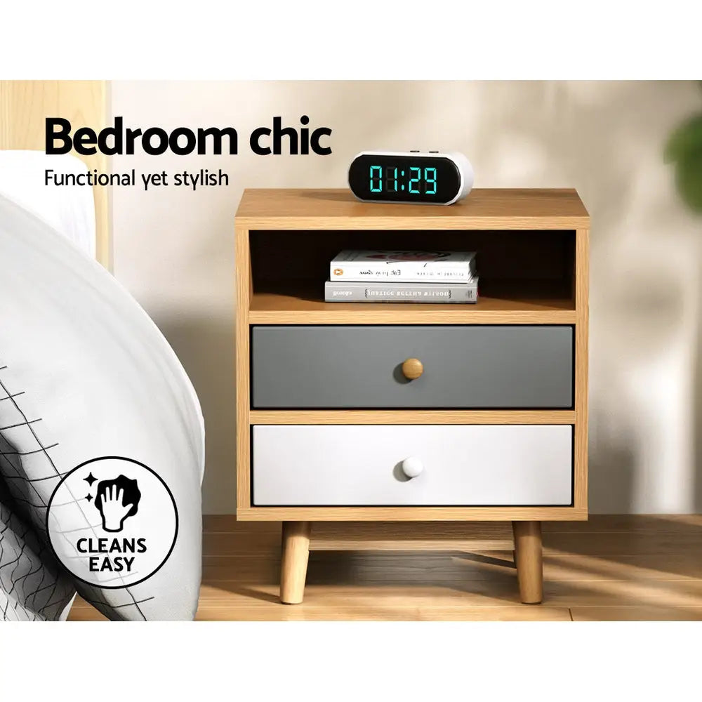 Artiss Bedside Table 2 Drawers with Shelf - BERTHA Oak - Furniture > Bedroom > Bedside Tables