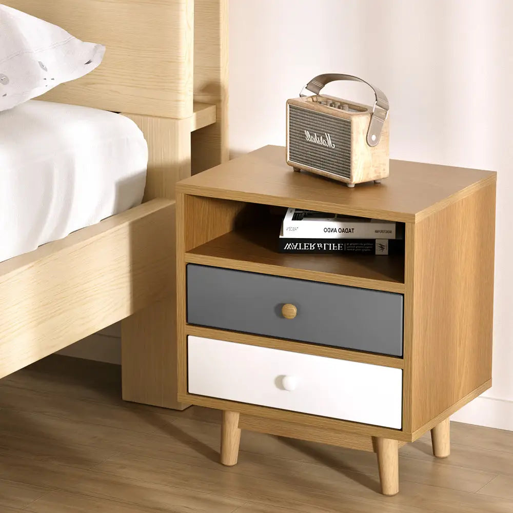 Artiss Bedside Table 2 Drawers with Shelf - BERTHA Oak - Furniture > Bedroom > Bedside Tables