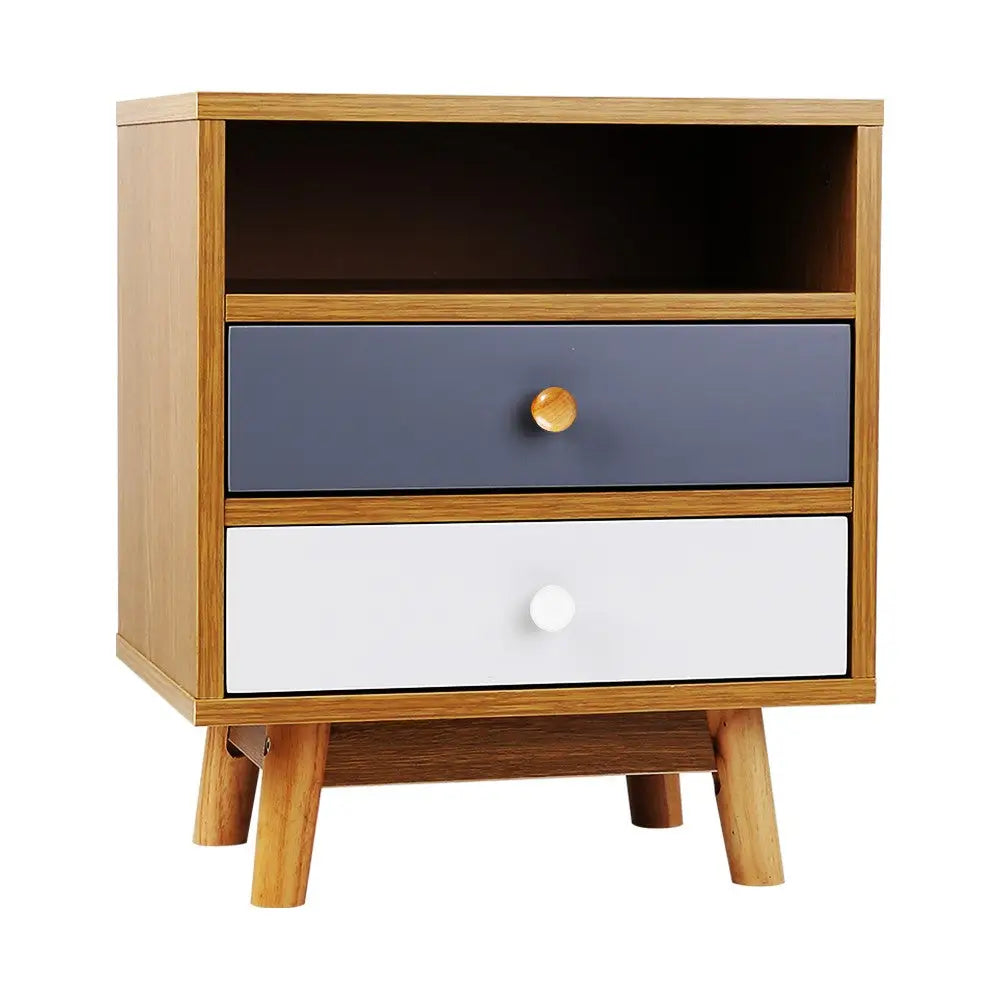 Artiss Bedside Table 2 Drawers with Shelf - BERTHA Oak - Furniture > Bedroom > Bedside Tables