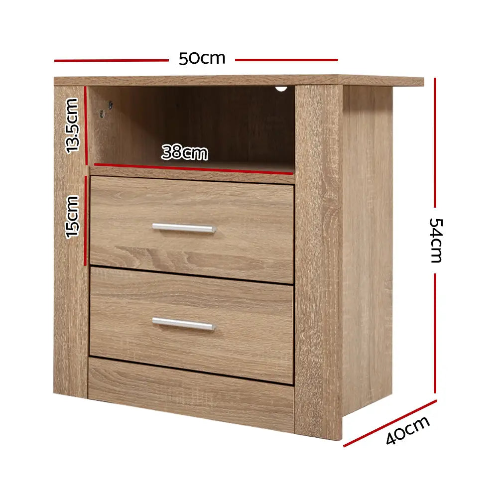 Artiss Bedside Table 2 Drawers with Shelf - TARA Oak - Furniture > Bedroom