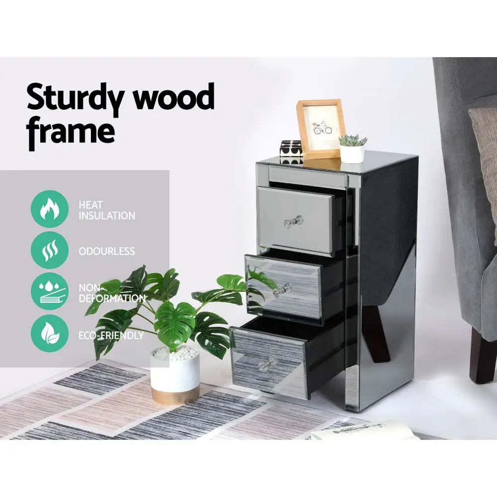 Artiss Bedside Table 3 Drawers Mirrored Glass - QUENN Grey - Furniture > Bedroom > Bedside Tables