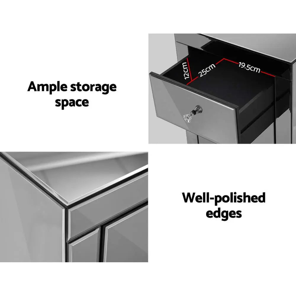 Artiss Bedside Table 3 Drawers Mirrored Glass - QUENN Grey - Furniture > Bedroom > Bedside Tables