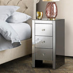 Artiss Bedside Table 3 Drawers Mirrored Glass - QUENN Grey - Furniture > Bedroom > Bedside Tables