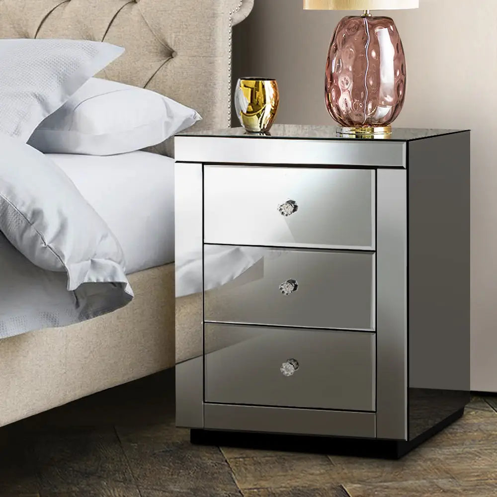 Artiss Bedside Table 3 Drawers Mirrored - PRESIA Grey - Furniture > Bedroom