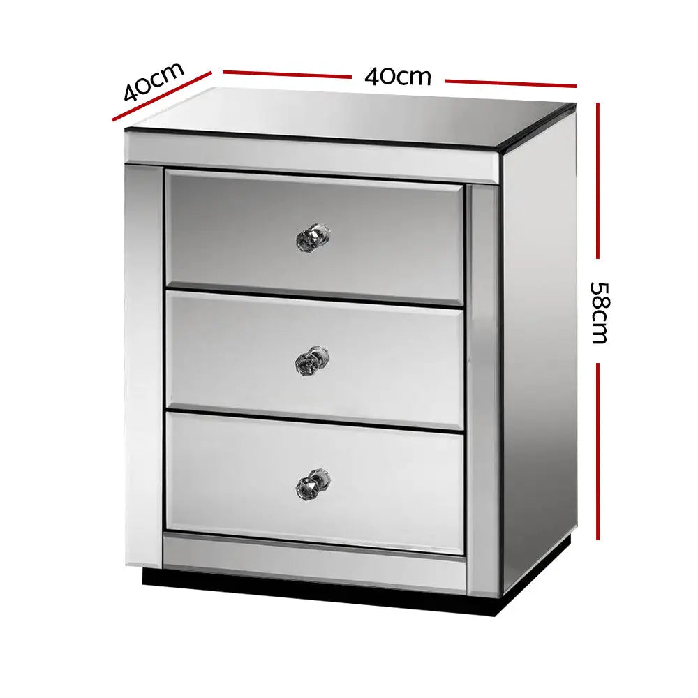 Artiss Bedside Table 3 Drawers Mirrored - PRESIA Grey - Furniture > Bedroom