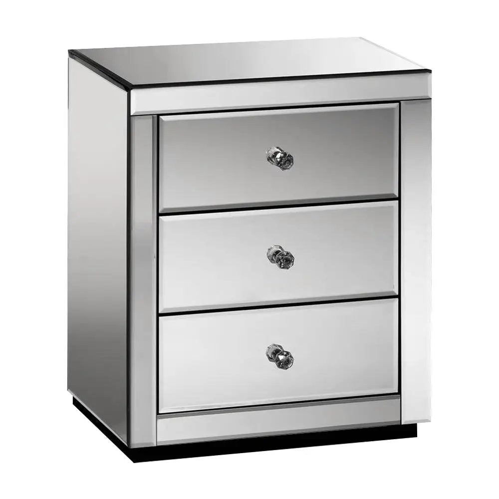 Artiss Bedside Table 3 Drawers Mirrored - PRESIA Grey - Furniture > Bedroom
