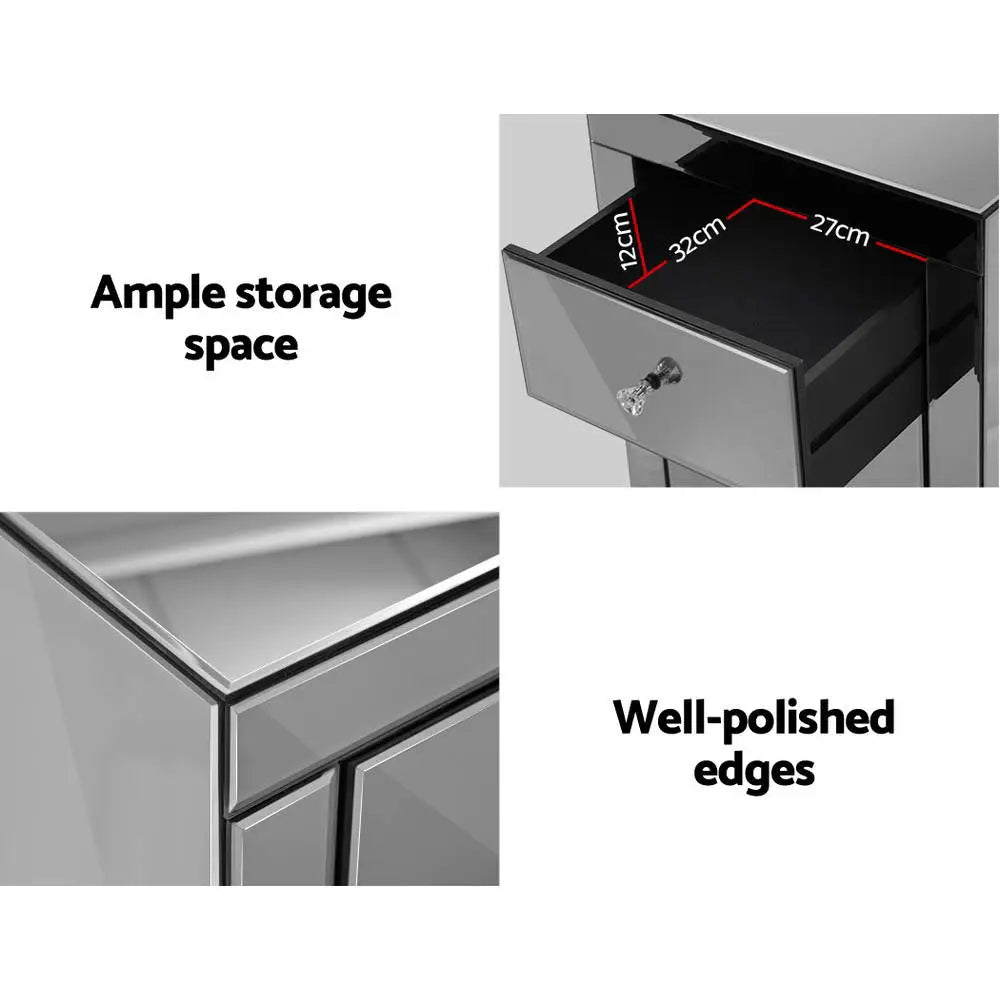 Artiss Bedside Table 3 Drawers Mirrored - PRESIA Grey - Furniture > Bedroom