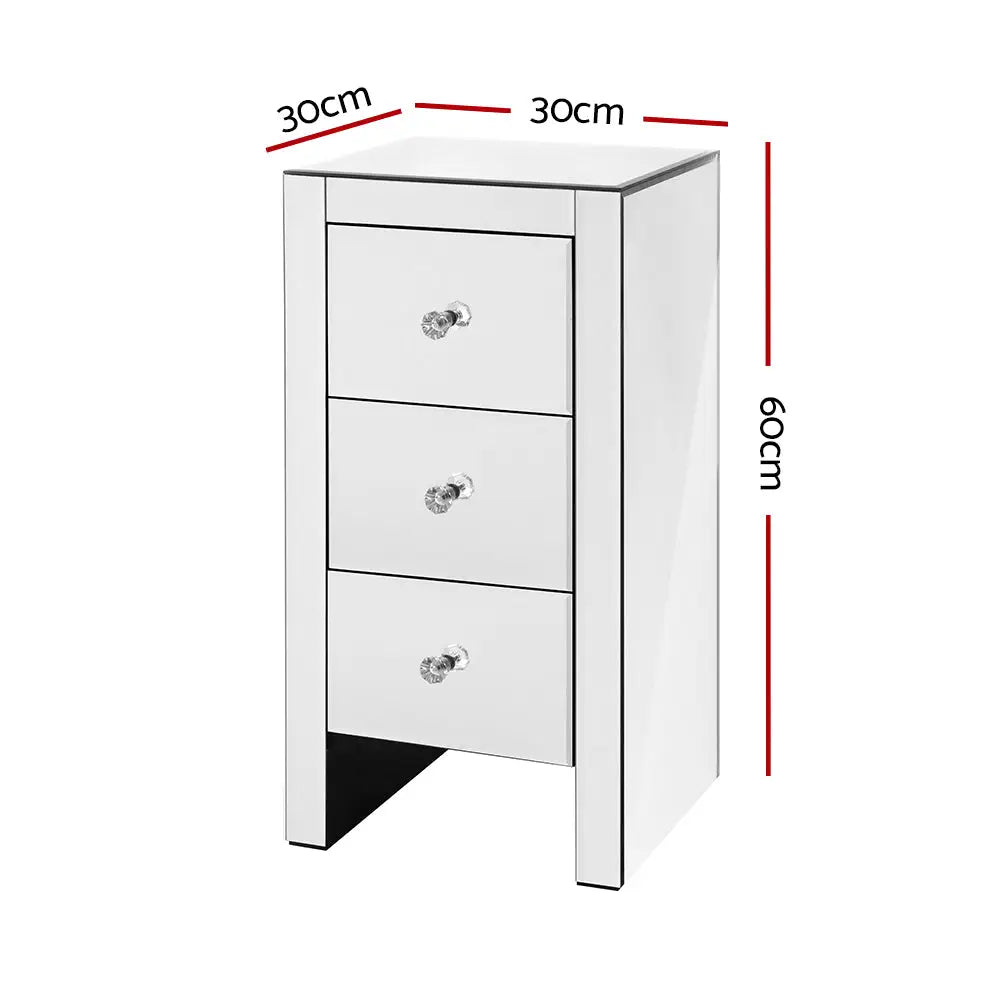 Artiss Bedside Table 3 Drawers Mirrored - QUENN Silver - Furniture > Bedroom