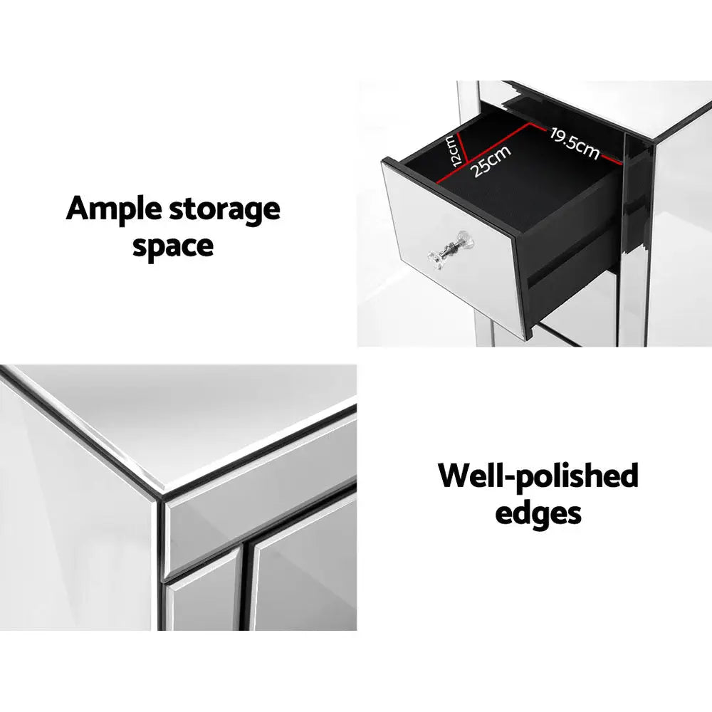 Artiss Bedside Table 3 Drawers Mirrored - QUENN Silver - Furniture > Bedroom