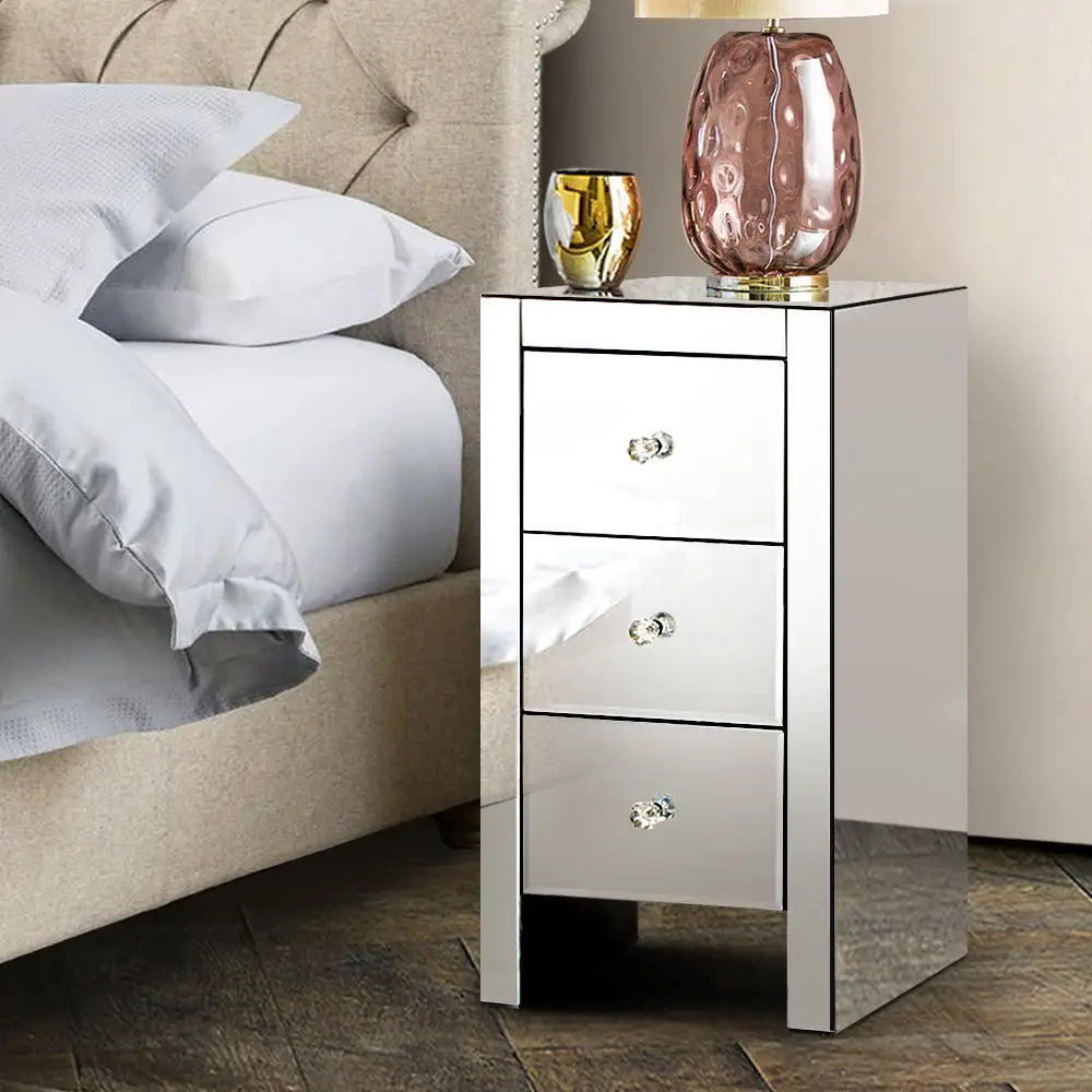 Artiss Bedside Table 3 Drawers Mirrored - QUENN Silver - Furniture > Bedroom