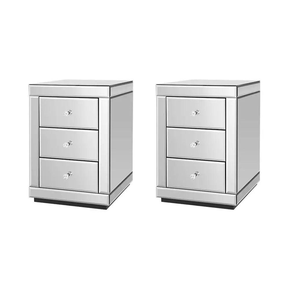 Artiss Bedside Table 3 Drawers Mirrored X2 - PRESIA Silver - Furniture > Bedroom