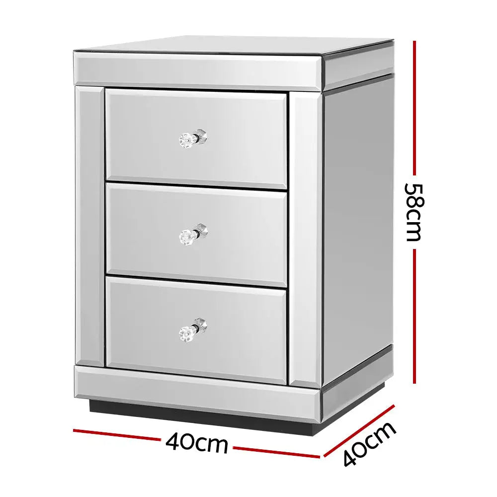 Artiss Bedside Table 3 Drawers Mirrored X2 - PRESIA Silver - Furniture > Bedroom