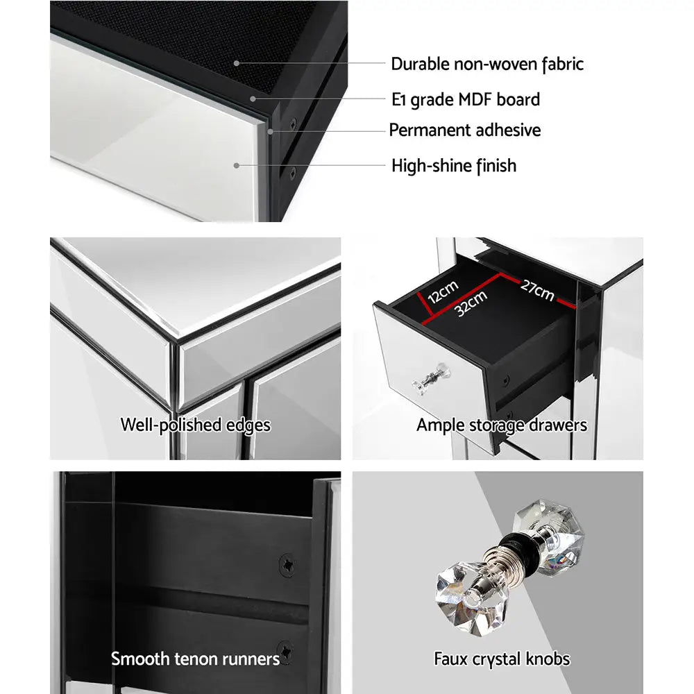 Artiss Bedside Table 3 Drawers Mirrored X2 - PRESIA Silver - Furniture > Bedroom