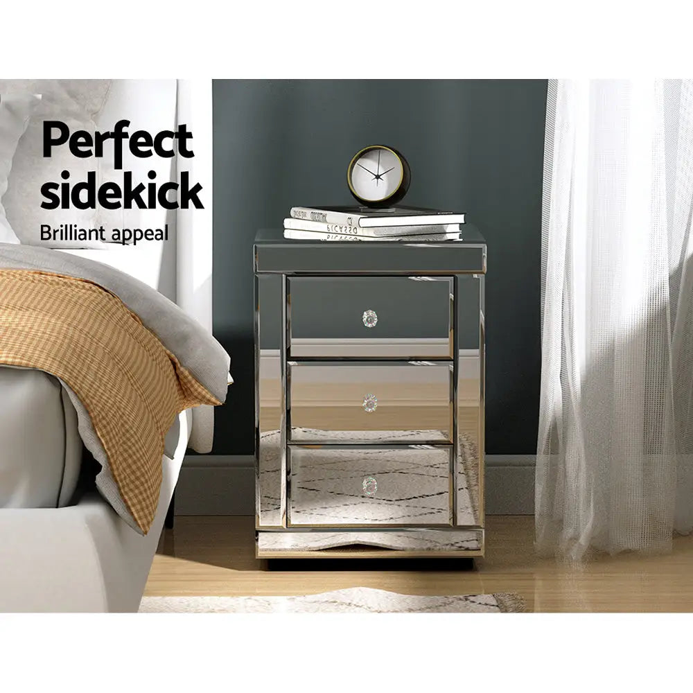 Artiss Bedside Table 3 Drawers Mirrored X2 - PRESIA Silver - Furniture > Bedroom