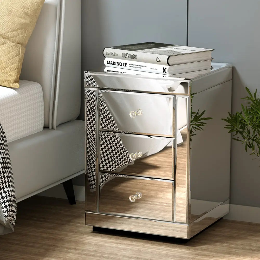 Artiss Bedside Table 3 Drawers Mirrored X2 - PRESIA Silver - Furniture > Bedroom