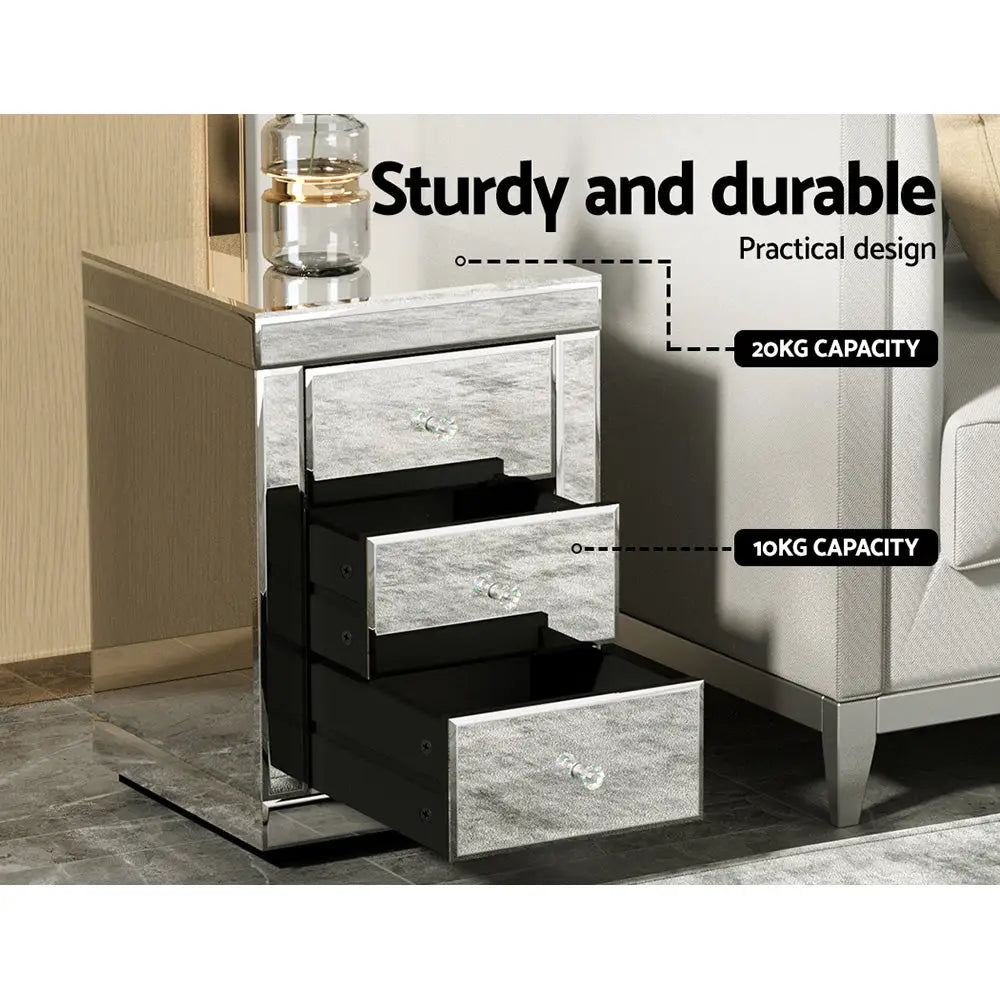 Artiss Bedside Table 3 Drawers Mirrored X2 - PRESIA Silver - Furniture > Bedroom