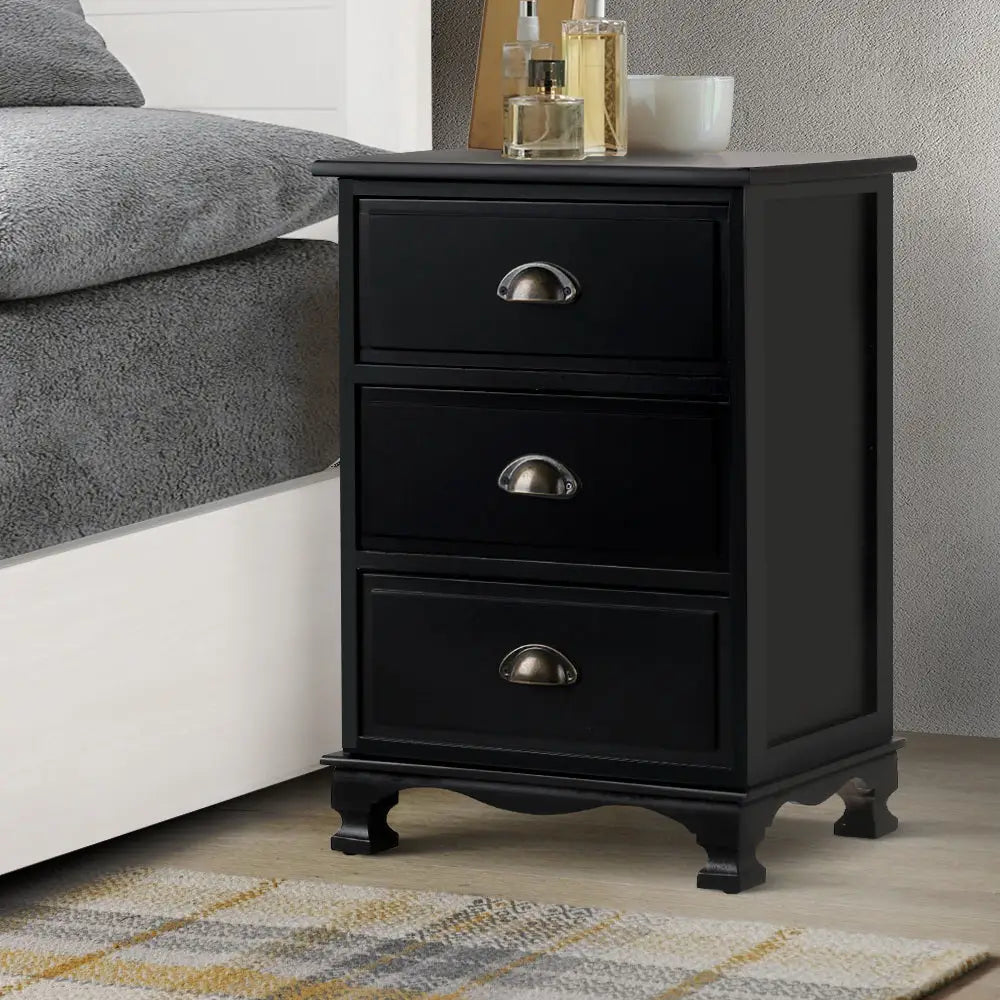 Artiss Bedside Table 3 Drawers Vintage - THYME Black - Furniture > Bedroom