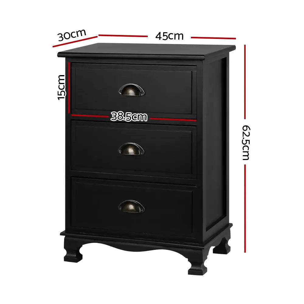 Artiss Bedside Table 3 Drawers Vintage - THYME Black - Furniture > Bedroom