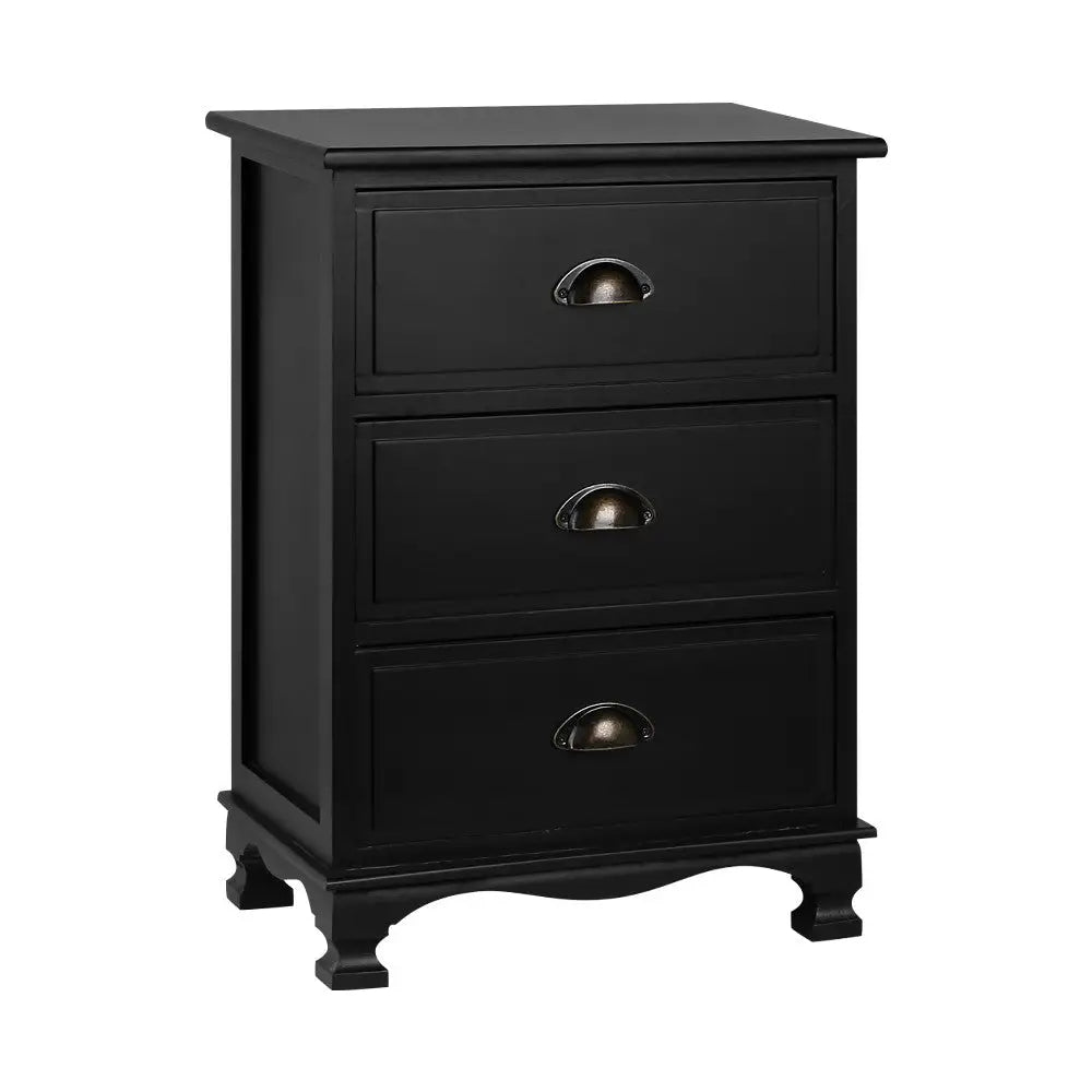 Artiss Bedside Table 3 Drawers Vintage - THYME Black - Furniture > Bedroom