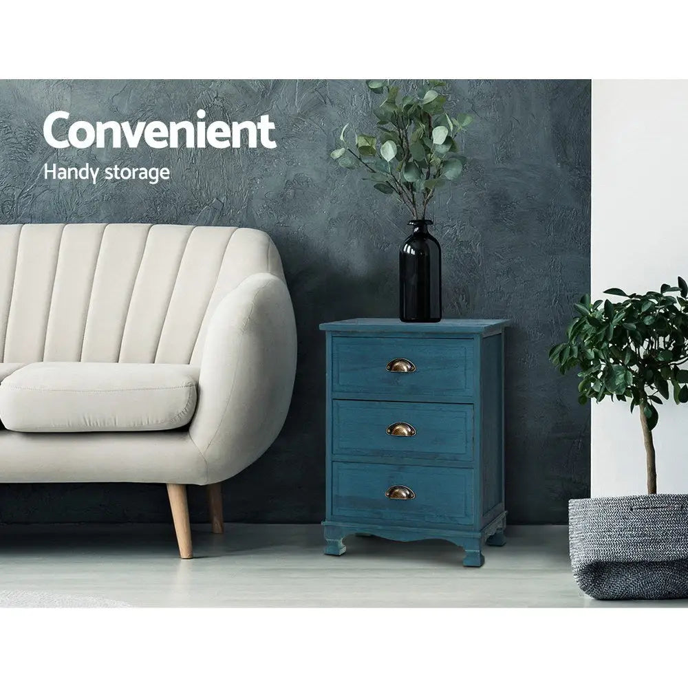 Artiss Bedside Table 3 Drawers Vintage - THYME Blue - Furniture > Bedroom