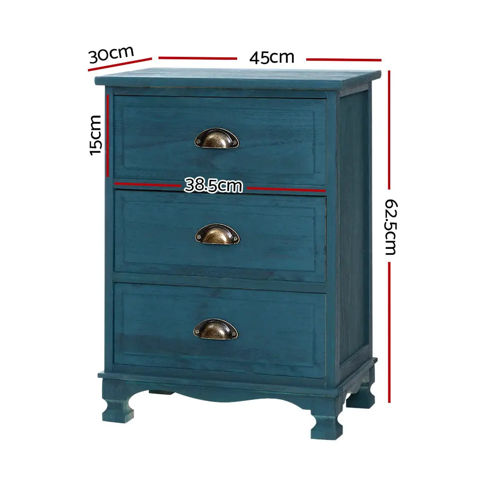 Artiss Bedside Table 3 Drawers Vintage - THYME Blue - Furniture > Bedroom
