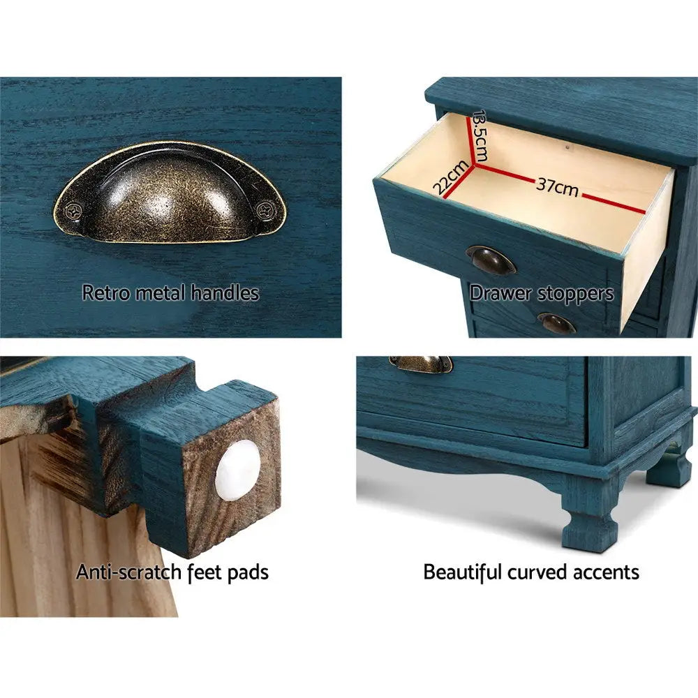 Artiss Bedside Table 3 Drawers Vintage - THYME Blue - Furniture > Bedroom