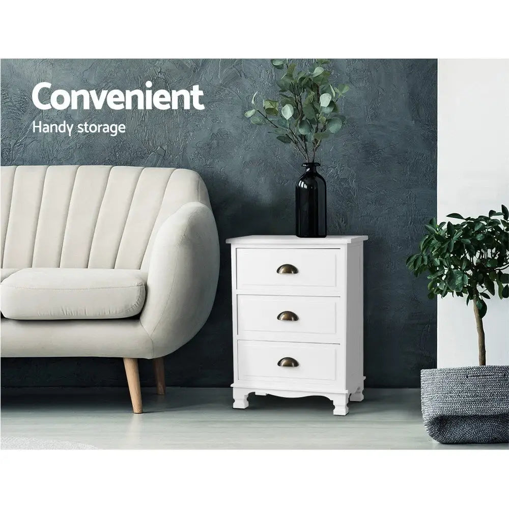 Artiss Bedside Table 3 Drawers Vintage - THYME White - Furniture > Bedroom