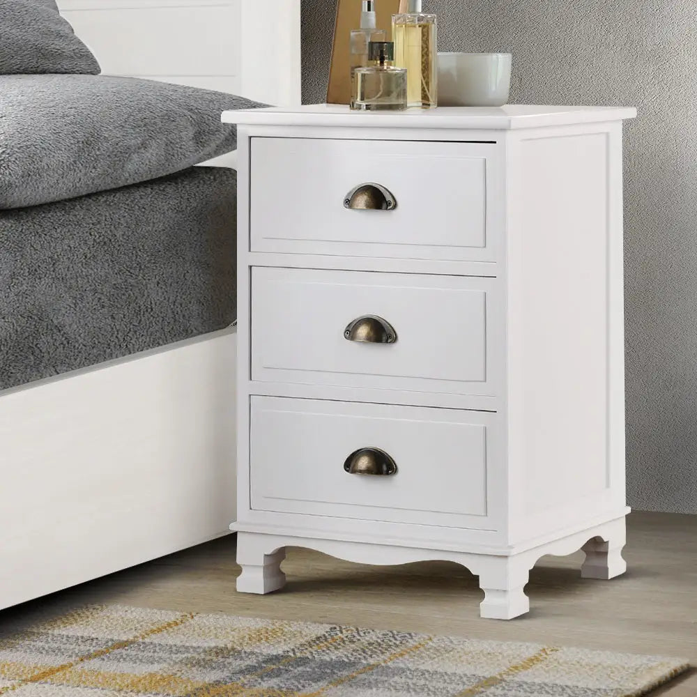 Artiss Bedside Table 3 Drawers Vintage - THYME White - Furniture > Bedroom