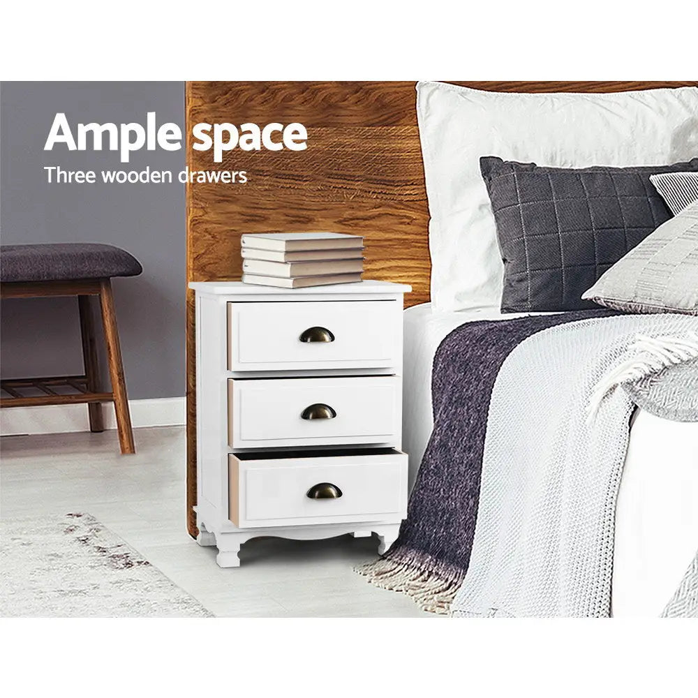 Artiss Bedside Table 3 Drawers Vintage - THYME White - Furniture > Bedroom