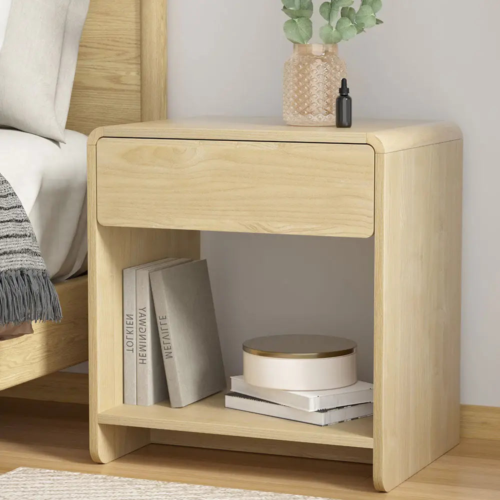 Artiss Bedside Table Drawer Open Shelf Pine - Furniture > Bedroom > Bedside Tables