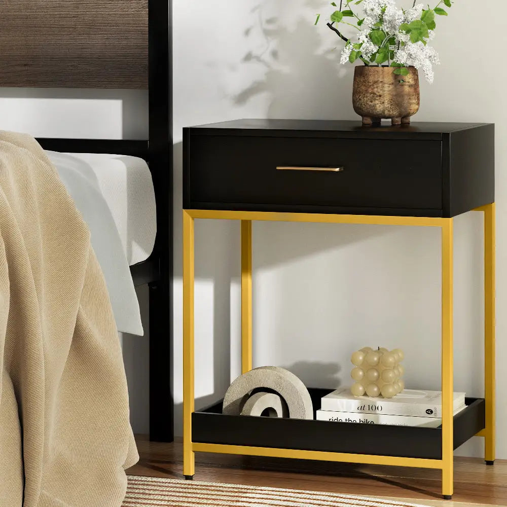 Artiss Bedside Table Drawers Side Table Shelf Storage Nightstand Black MASON - Furniture > Bedroom
