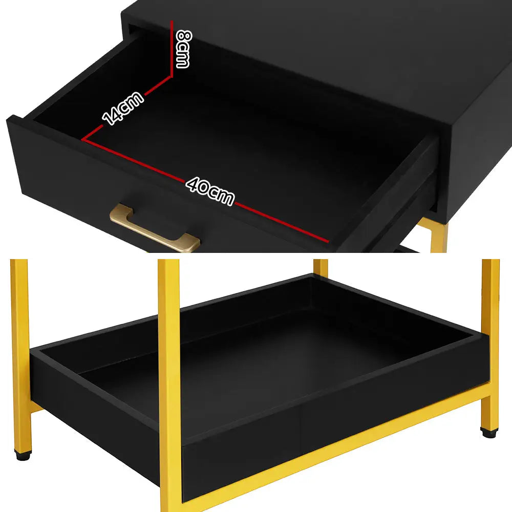 Artiss Bedside Table Drawers Side Table Shelf Storage Nightstand Black MASON - Furniture > Bedroom