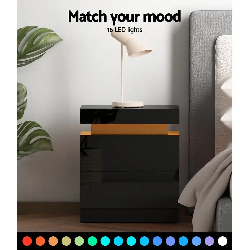 Artiss Bedside Table LED 2 Drawers Lift-up Storage - COLEY Black - Furniture > Bedroom