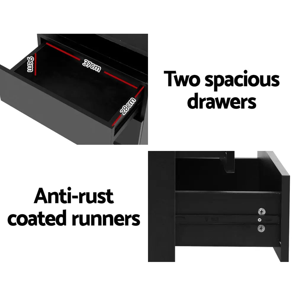 Artiss Bedside Table LED 2 Drawers Lift-up Storage - COLEY Black - Furniture > Bedroom