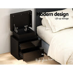 Artiss Bedside Table LED 2 Drawers Lift-up Storage - COLEY Black - Furniture > Bedroom