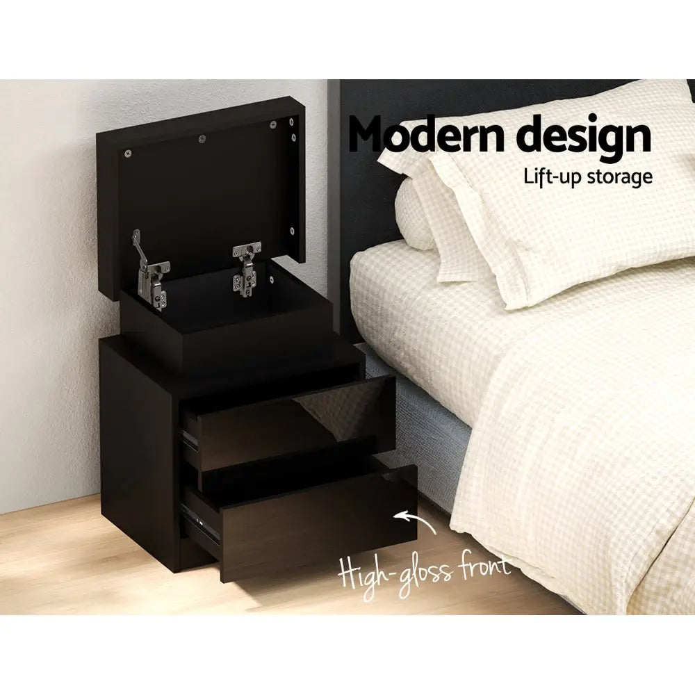 Artiss Bedside Table LED 2 Drawers Lift-up Storage - COLEY Black - Furniture > Bedroom