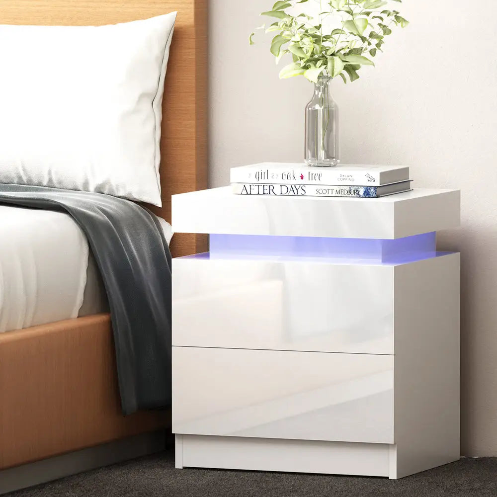 Artiss Bedside Table LED 2 Drawers Lift-up Storage - COLEY White - Furniture > Bedroom