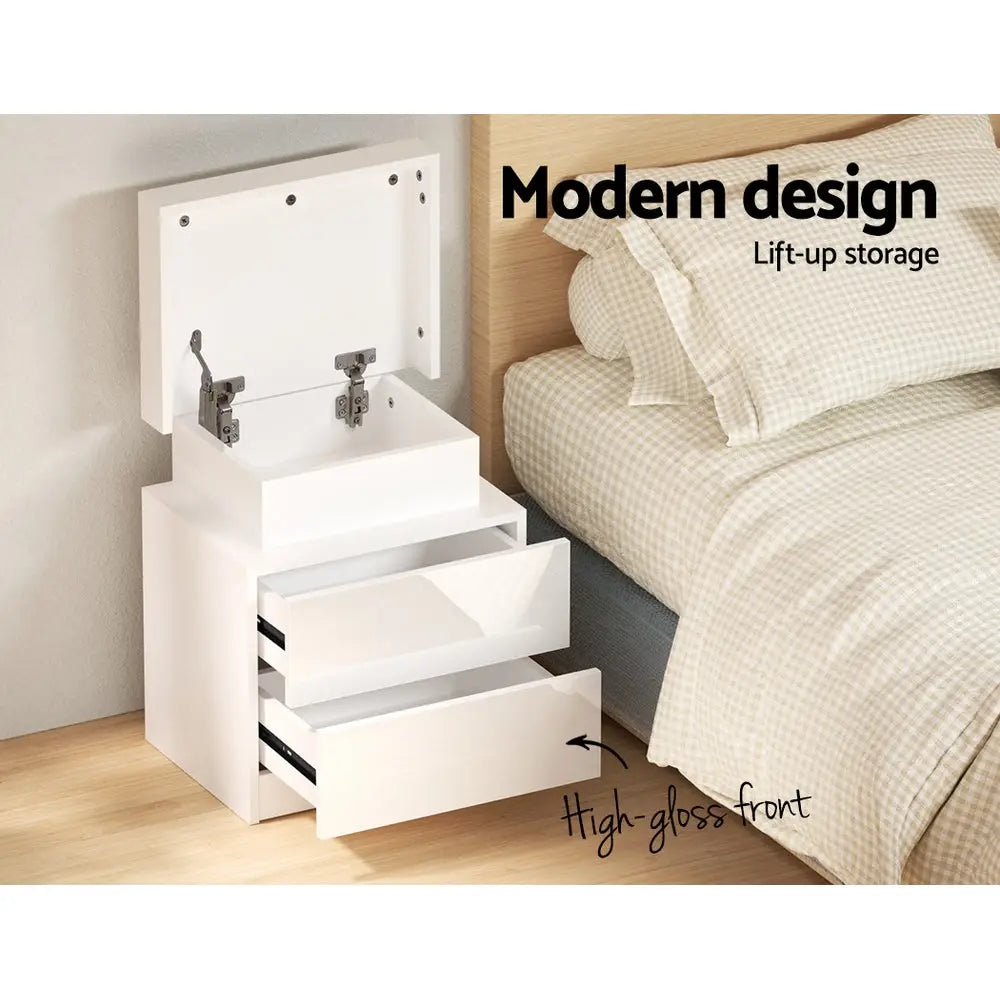 Artiss Bedside Table LED 2 Drawers Lift-up Storage - COLEY White - Furniture > Bedroom