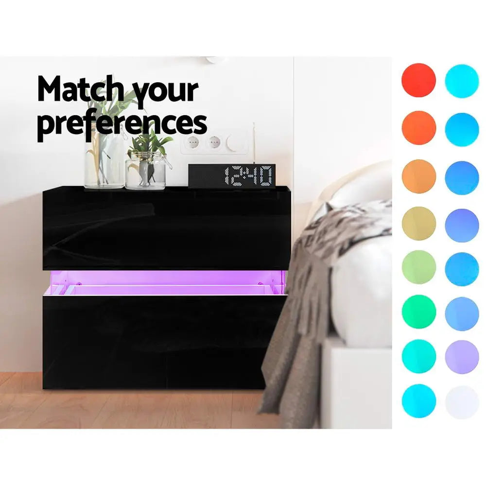 Artiss Bedside Table LED 2 Drawers - LUMI Black - Furniture > Bedroom