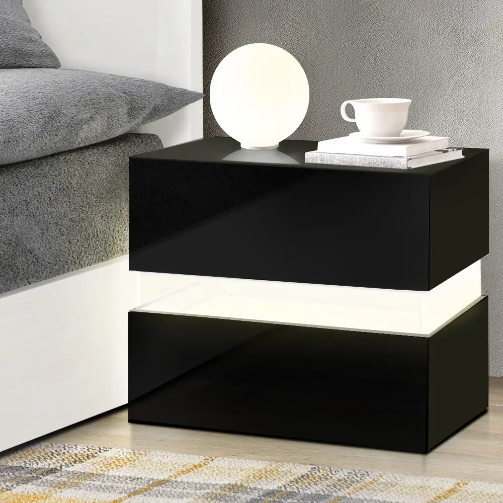 Artiss Bedside Table LED 2 Drawers - LUMI Black - Furniture > Bedroom