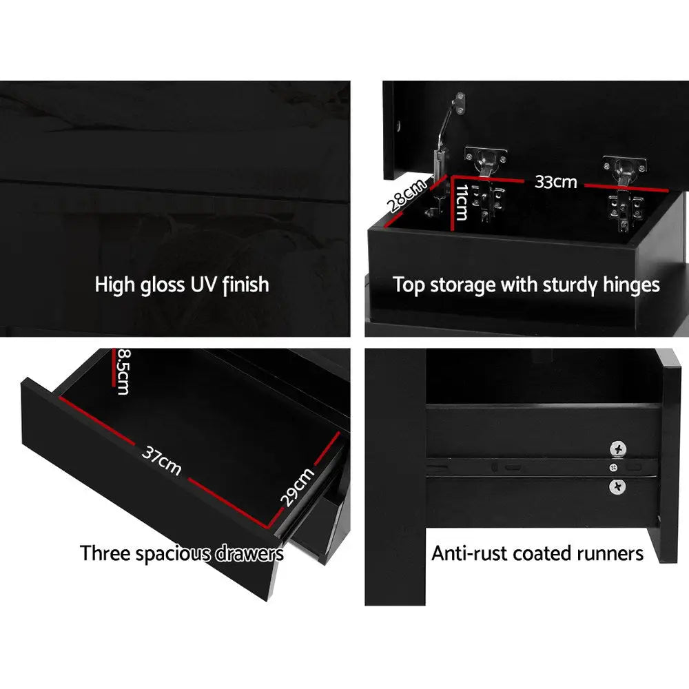 Artiss Bedside Table LED 3 Drawers - COLEY Black - Furniture > Bedroom