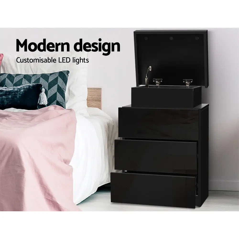 Artiss Bedside Table LED 3 Drawers - COLEY Black - Furniture > Bedroom
