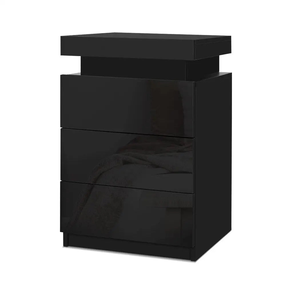 Artiss Bedside Table LED 3 Drawers - COLEY Black - Furniture > Bedroom