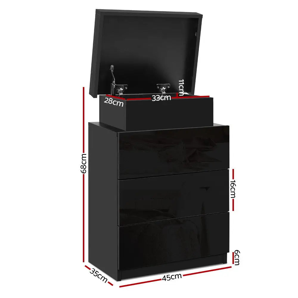 Artiss Bedside Table LED 3 Drawers - COLEY Black - Furniture > Bedroom