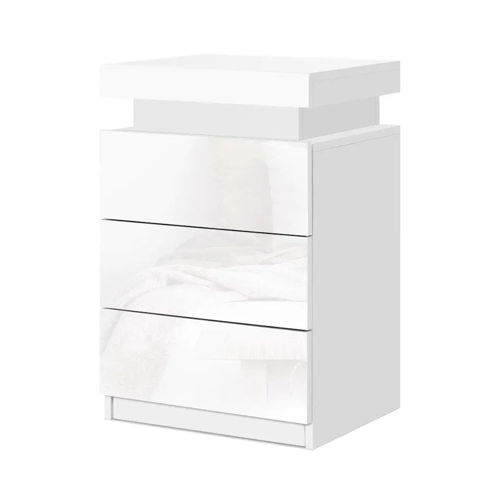 Artiss Bedside Table LED 3 Drawers - COLEY White - Furniture > Bedroom