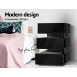 Artiss Bedside Table LED 3 Drawers - LUMI Black - Furniture > Bedroom
