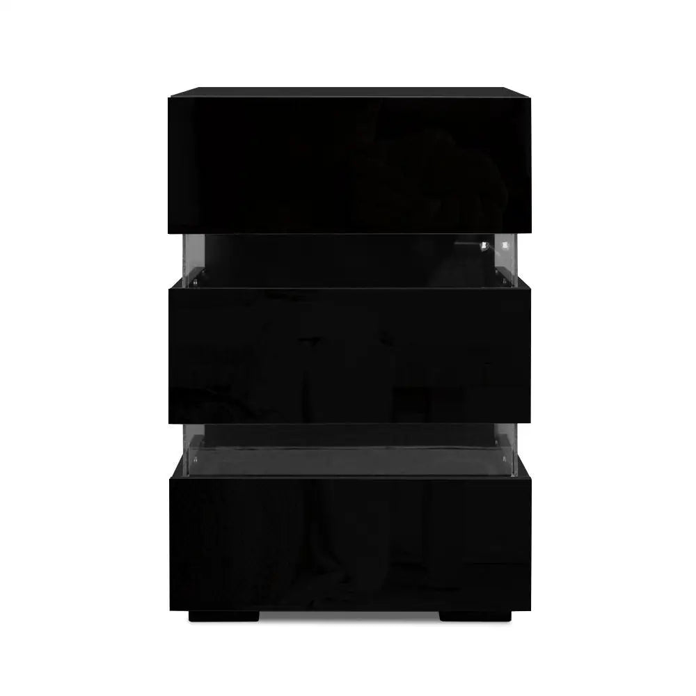 Artiss Bedside Table LED 3 Drawers - LUMI Black - Furniture > Bedroom